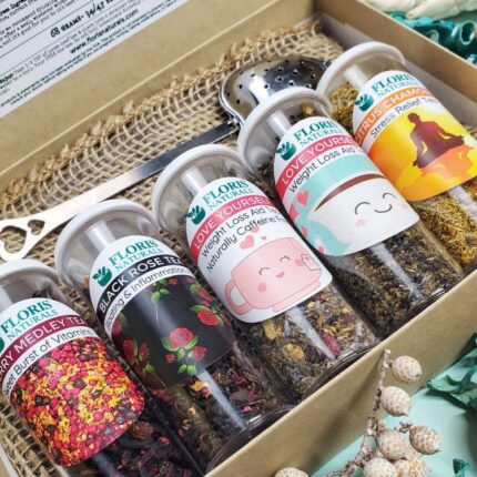 SELF LOVE Tea Sampler Gift Box with five loose leaf teas and heart-shaped strainer by Floris Naturals