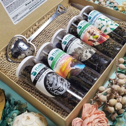 AROUND THE WORLD Tea Sampler Gift Box with five loose leaf teas and heart-shaped strainer by Floris Naturals