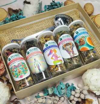 MEDICINAL MAGIC Tea Sampler Gift Box with five loose leaf teas and heart-shaped strainer by Floris Naturals