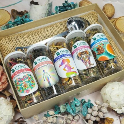 MEDICINAL MAGIC Tea Sampler Gift Box with five loose leaf teas and heart-shaped strainer by Floris Naturals