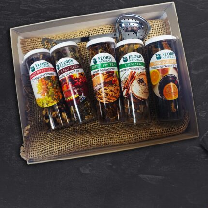 Fall Favorite Teas Gift Box with seasonal tea samplers and heart-shaped strainer by Floris Naturals